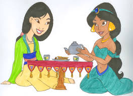 Disney princesses Jasmine and Mulan having tea